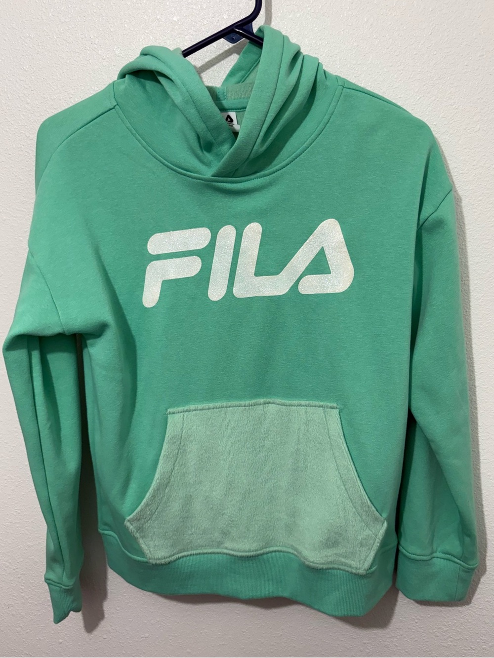 FILA Fleece Lined Hoodie Sweatshirt Girls Mint w/Glitter & Pocket Size M (10-12)